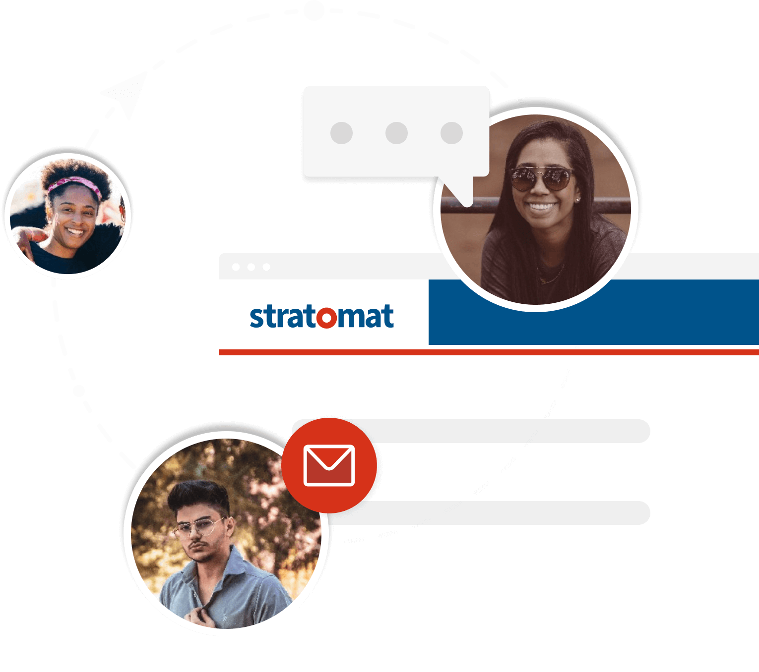 Stylized imagery of users and desktop UI elements